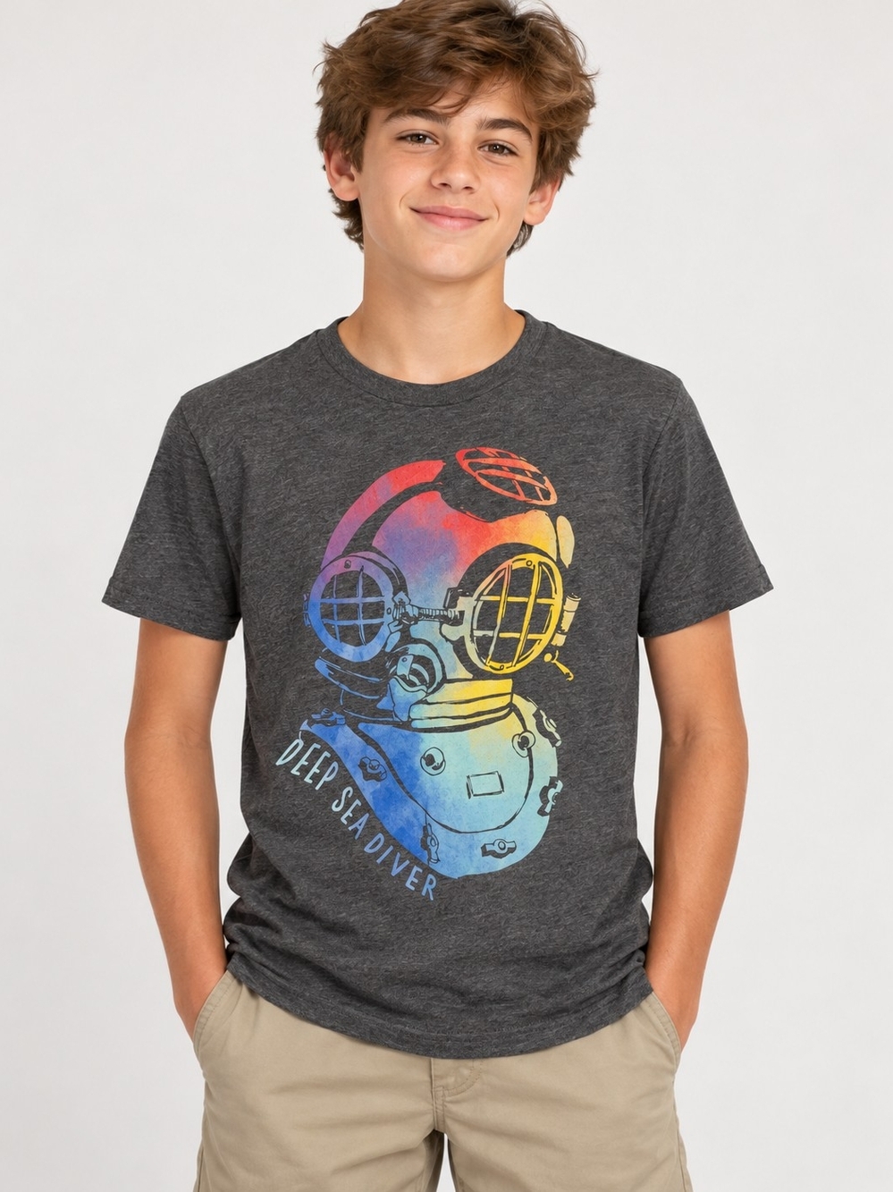 George Youth XL 14–16 Deep Sea Diver Graphic T-Shirt Grey Neon